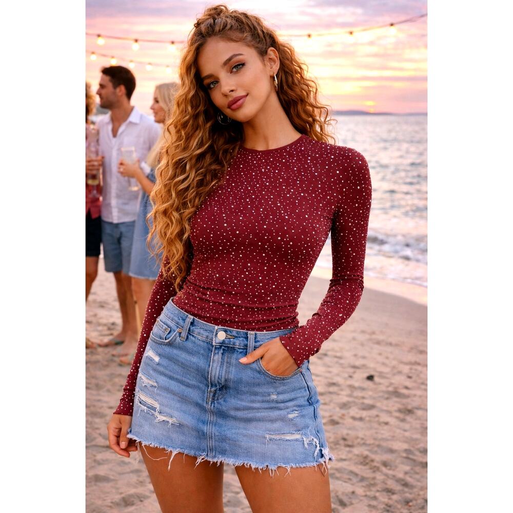 Free People Night Sky Long Sleeve Sparkly Top Aged Red M/L